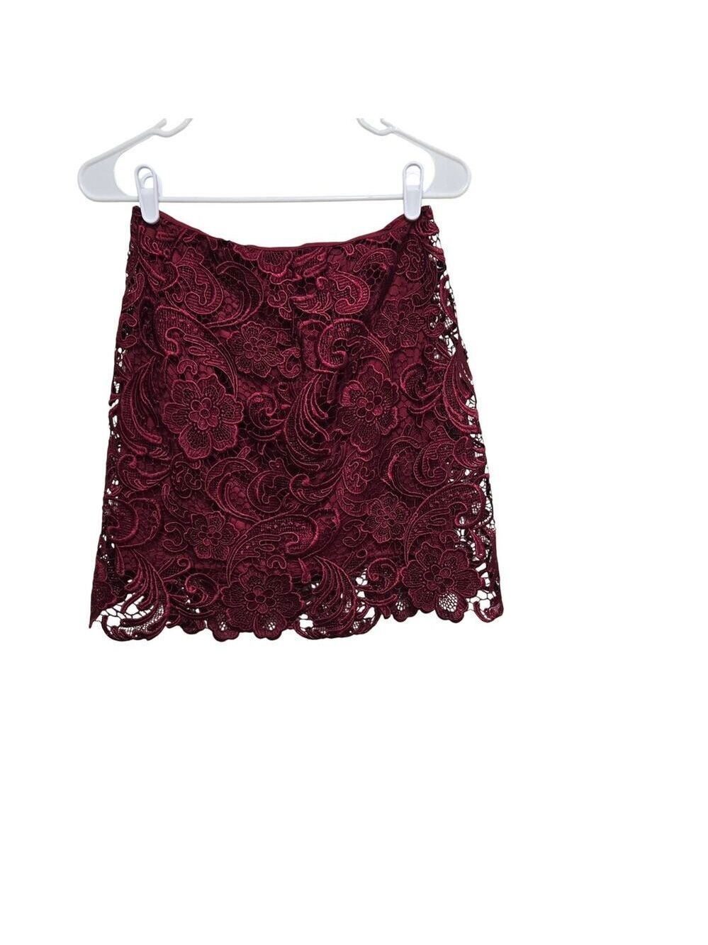 Lucy in the Sky Lace Mini Skirt Burgundy Floral Scalloped Hem L